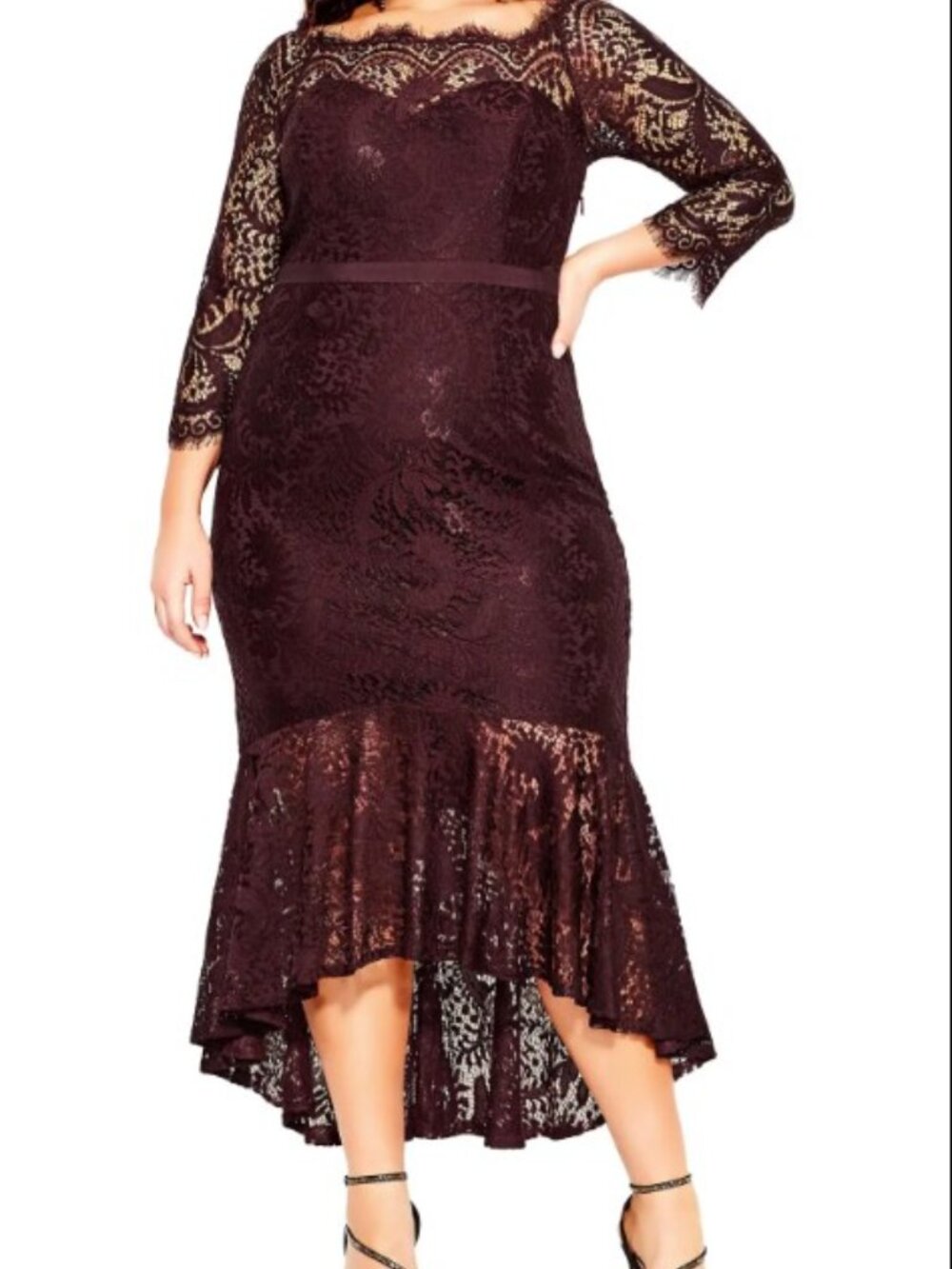 City Chic Deep Plum Lace High-Low Off-Shoulder Dress